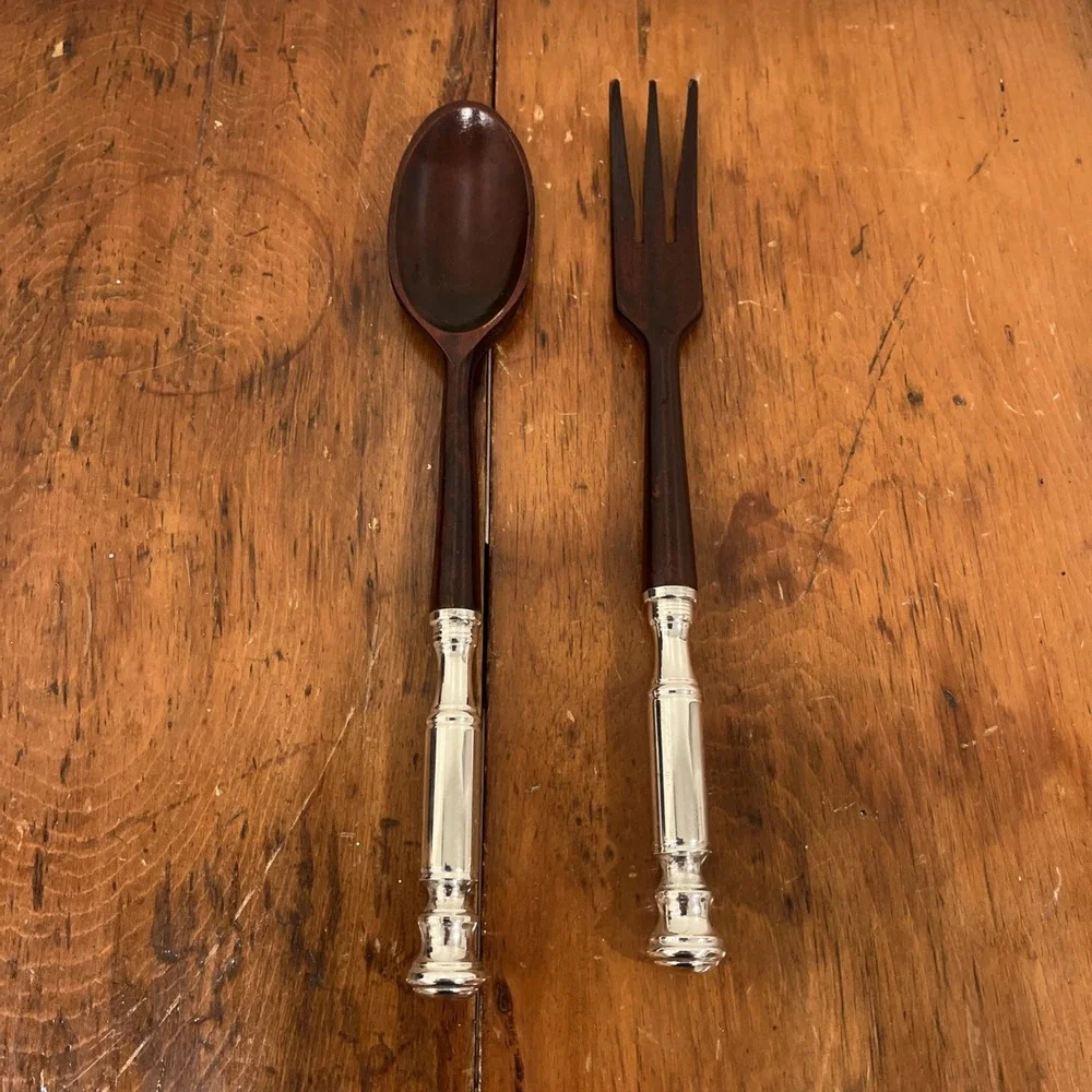 Antique STERLING & TEAK MID CENTURY MODERN SALAD Serving Set - FORK & SPOON